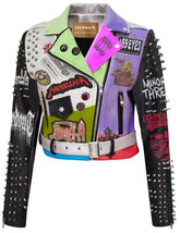 Gothic Clubwear Biker Jacket – Custom Metallica & Punk Rock Patches, Steampunk Studded Leather, Spiked Moto Fit
